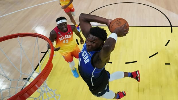 Feb 19, 2023; Salt Lake City, UT, USA; Team LeBron guard Anthony Edwards (1) dunks the ball as Team Giannis forward Pascal Siakam (43) looks on in the 2023 NBA All-Star Game at Vivint Arena.